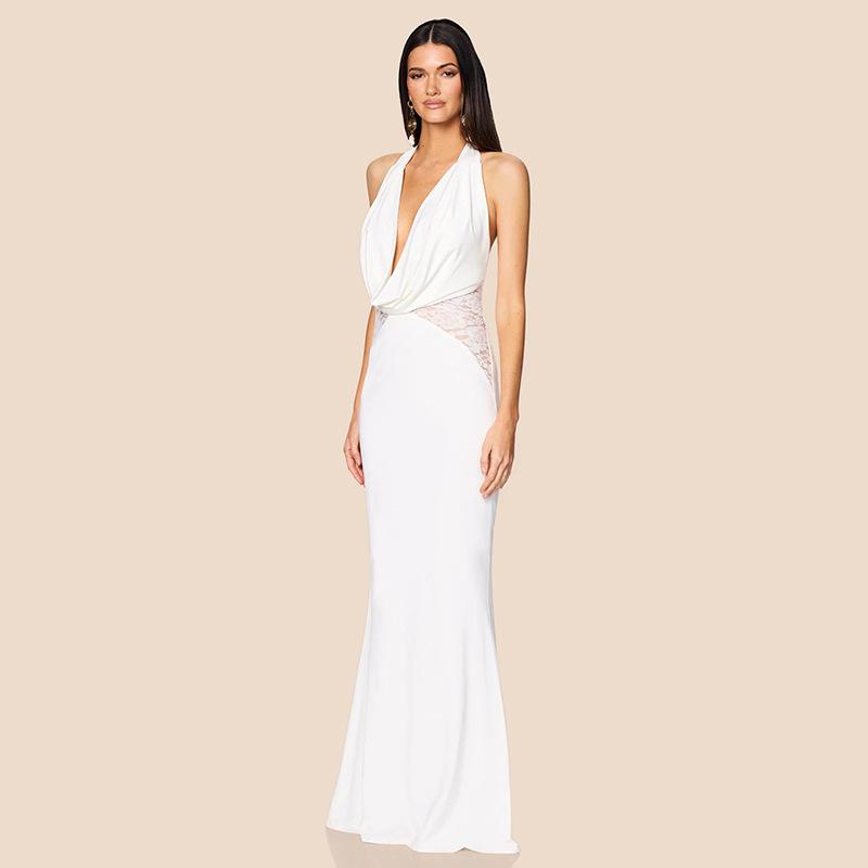 European and American Dresses, Lace Splicing Temperament Hanging Neck V-neck Backless Waist Thin Fish Tail Hip Skirt Mopping Skirt