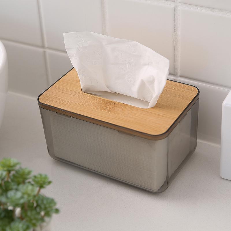 Nordic PET Transparent Tissue Box with Bamboo Lid - Creative Living Room Napkin Holder