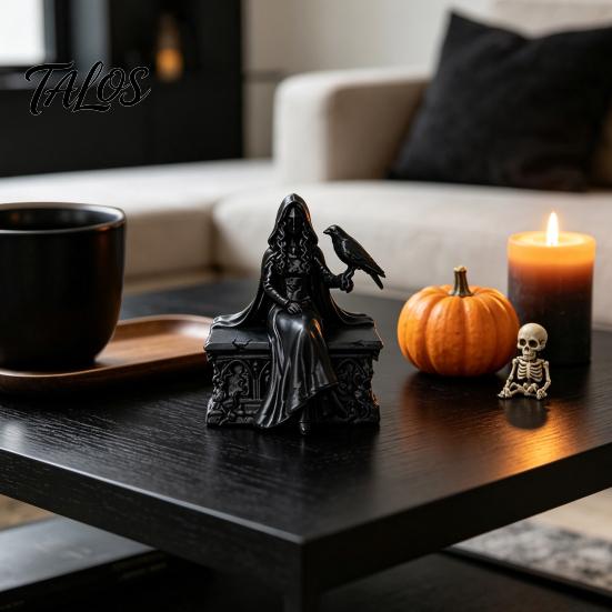 Gothic Crow Queen Figurine 3D Printed Figurine, Cloaked Robe Statue with Detailed Ornate Collectible Crow, Spooky Desktop Ornament for Home