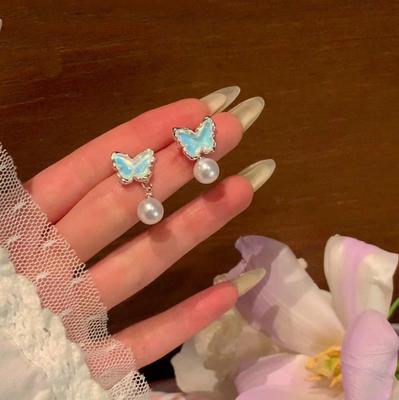 Gradually Change Blue Butterfly Pearl Stud Earrings Women's Light Luxury Versatile Temperament Earrings Senior Sense Cute Sweet Earrings