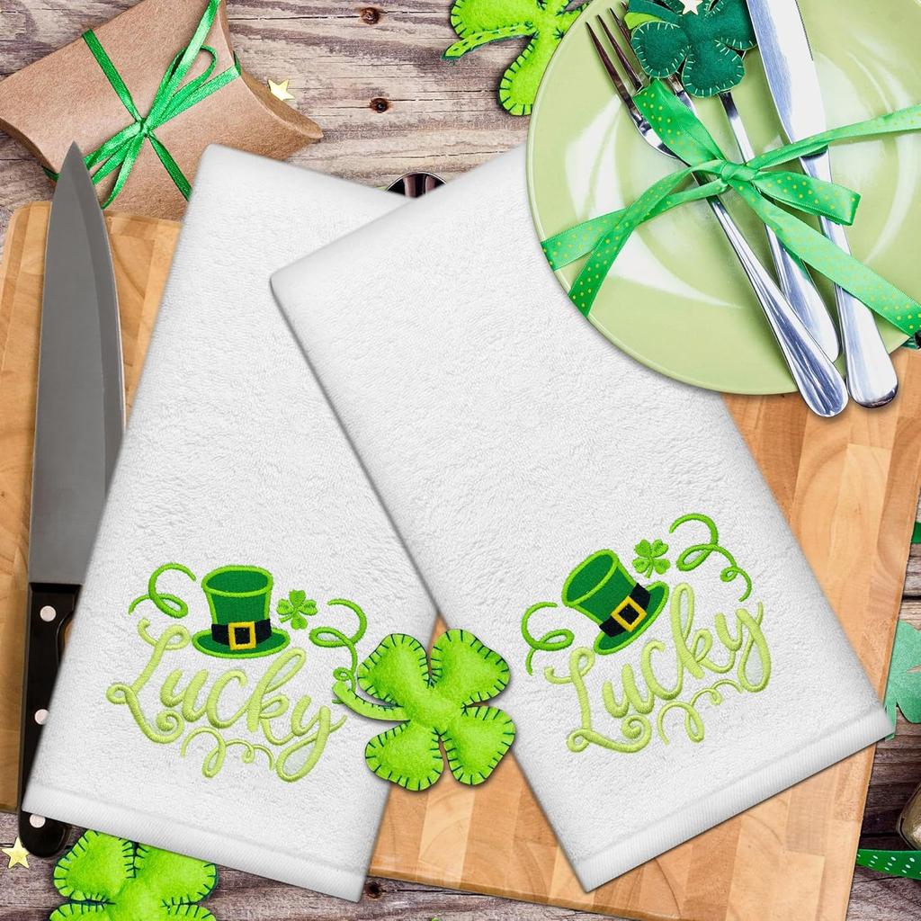 Hexagram St Patricks Day Hand Towels for Bathroom Set of 2, St Patricks Day Bathroom Decor Embroidered Lucky Green Hat Shamrock Pattern, Soft Luxury