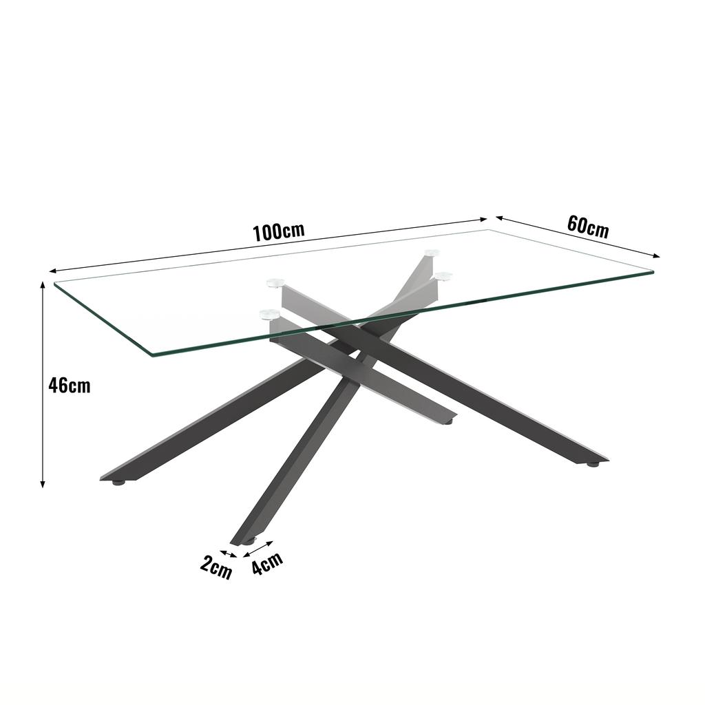 Coffee table made of tempered glass, rectangular coffee table, black shaped metal legs, modern living room table, black-H46/B100/T60 cm