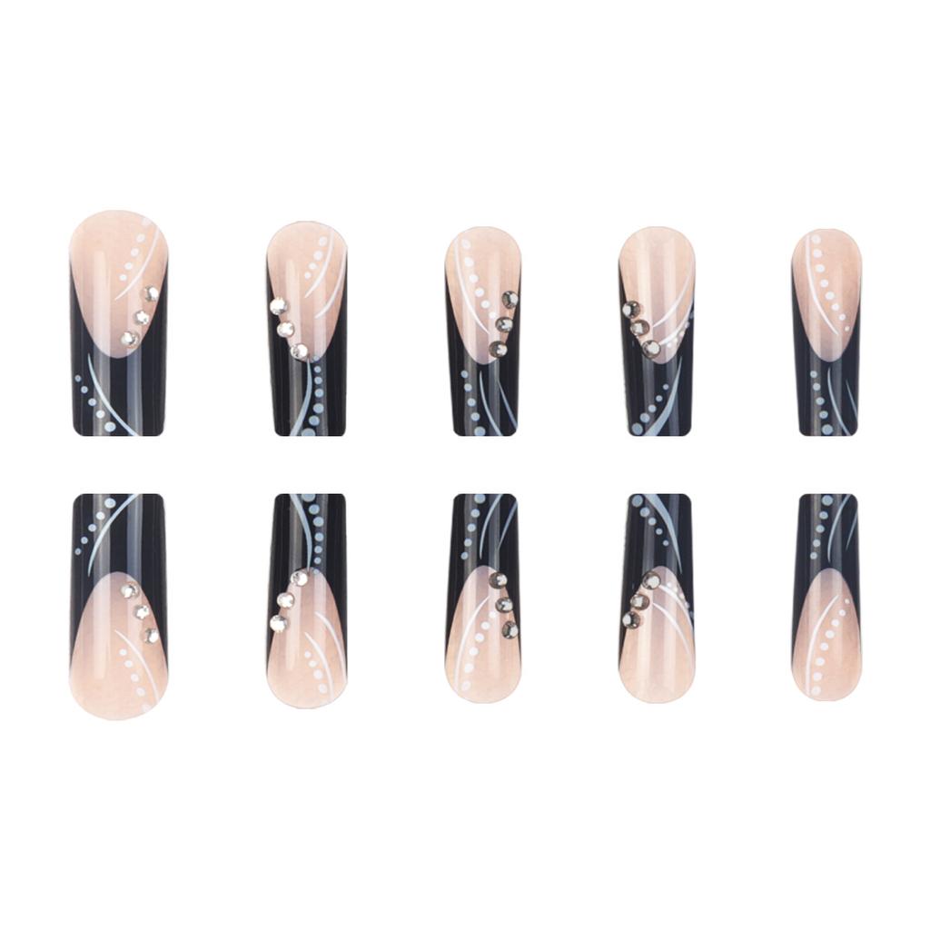 Black Press On Nails Long Coffin Glossy Full Cover Acrylic Long Square False Nails with Designs Artificial Fake Nails Glue Stick On Nails for Women