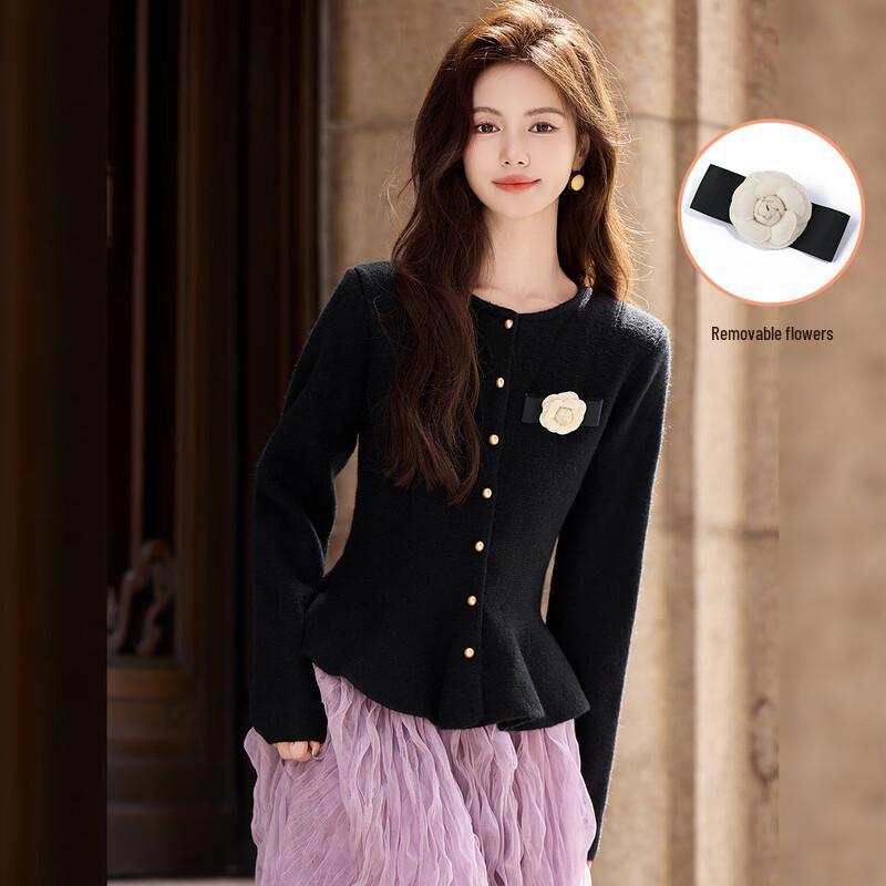 

Elegant Ruffled Floral Knit Cardigan for Women XL