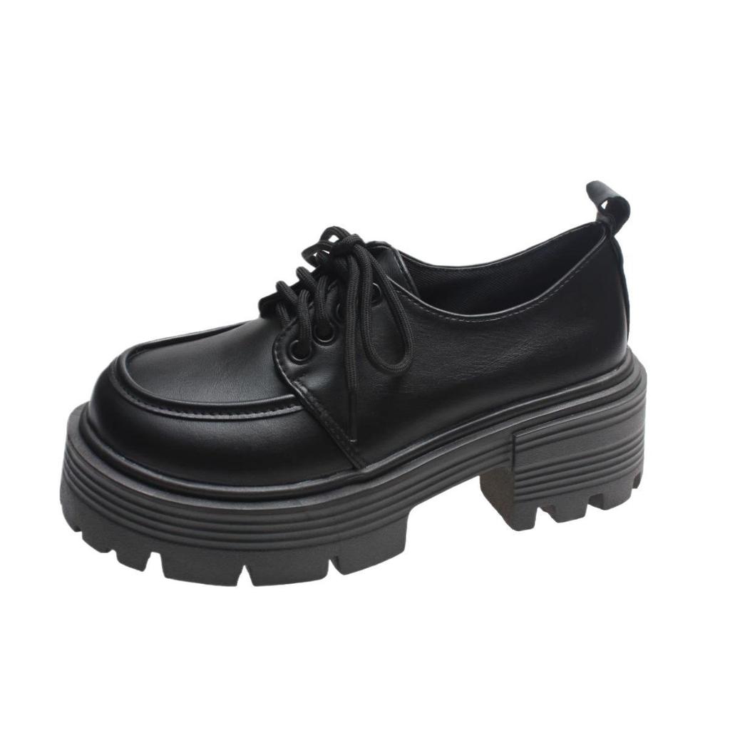 "Women's Black Chunky-Heeled Lace-Up Leather Loafers for Spring/Summer 2024 - British & Japanese Style"