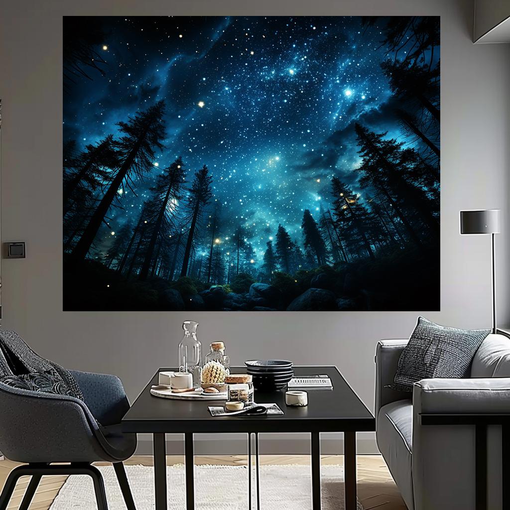Galaxie-Fotohintergrund Sternennachtwald mit tiefblauem Nachthimmel, leuchtenden Sternen, funkelndem, strapazierfähigem Wandbild für Partys