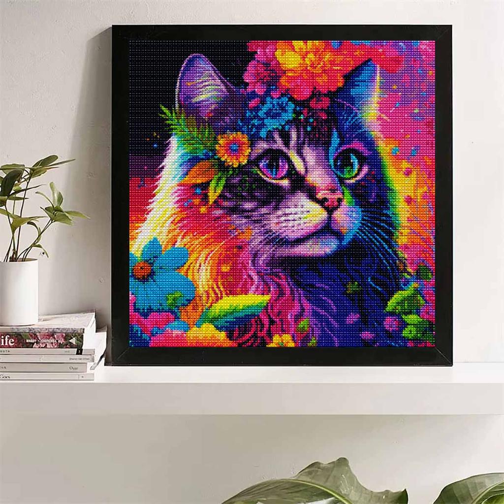 DIY Diamond Painting Cat with Flowers Cross Stitch Kit Mosaic Art Diamond Painting Full Circle Diamond Home Decoration