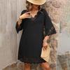 Women Loose High Waist A Line Summer Dress V Neck Lace Burnt Flower Half Sleeve Solid Color Sizes S XL