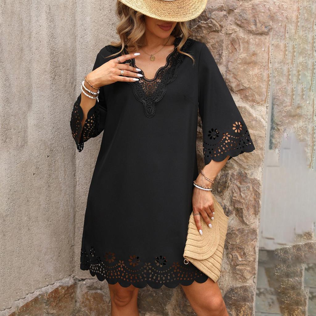 Women Loose High Waist A Line Summer Dress V Neck Lace Burnt Flower Half Sleeve Solid Color Sizes S XL