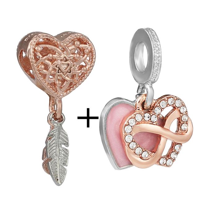 2pcs /Lot New Trend Crown Feather Zircon Hollow Leaves Beads Fit Original Brand Charms Silver Color Bracelets Women Diy Jewelry