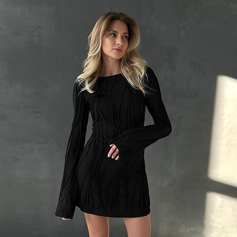 Women's Autumn Solid Color Round Neck Wavy Stripe Long Sleeve Bodycon Dress