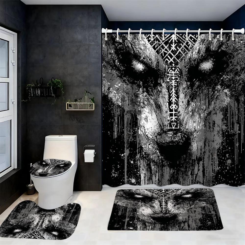 Animal Abstract Patterns Black Whit Shower Curtain Bath Sets Waterproof Non-Slip Bathroom Rug Toilet U With 12 Hooks Home Deco