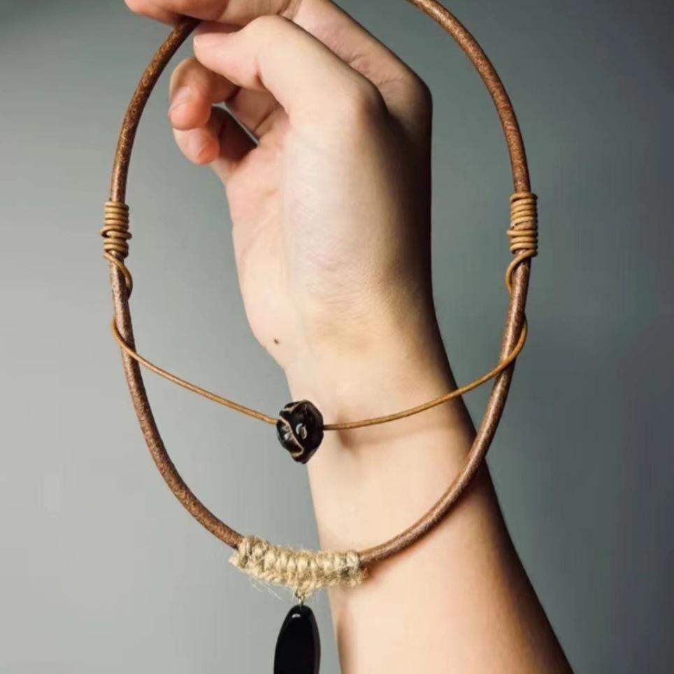 Tibetan-Style Wooden Leather Choker Necklace with Retro Earrings