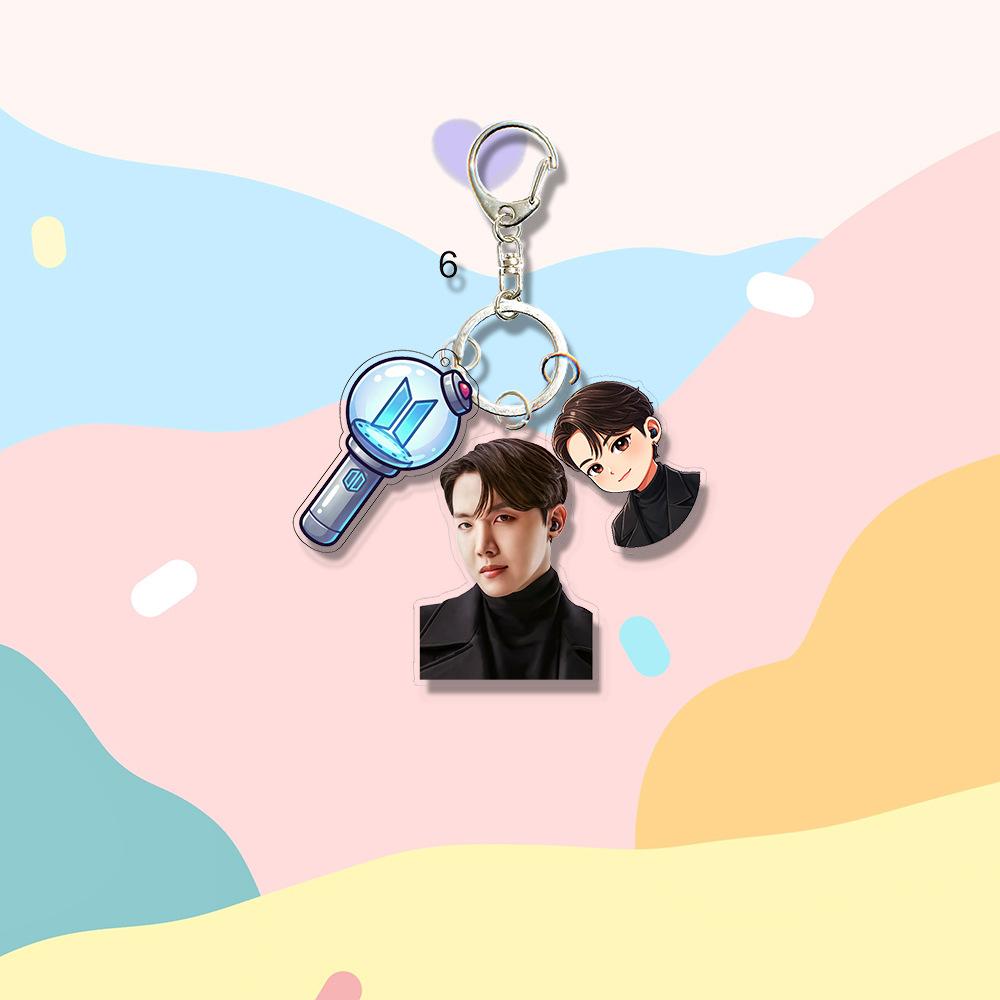 BTS Cute Triple Charm Acrylic Keychain, Bangtan Boys Real Photo, Cartoon Figure & Army Bomb Keyring, Kpop Idol Bag Pendant for ARMY Fans