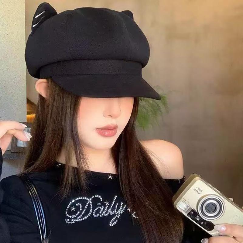 Japanese Style Cute Woolen Cat Ear Beret For Women Autumn And Winter Duckbill Octagonal Hat