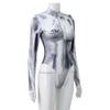 Women's Mock Printing Fashion Turtle Neck Tops Long Sleeve Bodysuit Jumpsuit