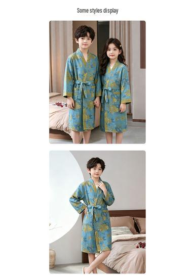 Children's Pure Cotton Double-Layer Gauze Jacquard Kimono Pajamas with Long Sleeves