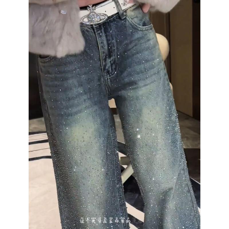 Women Wide Leg Jeans High Waist Sequin Embellished Gradient Wash Denim Pants Casual Fashion Trousers