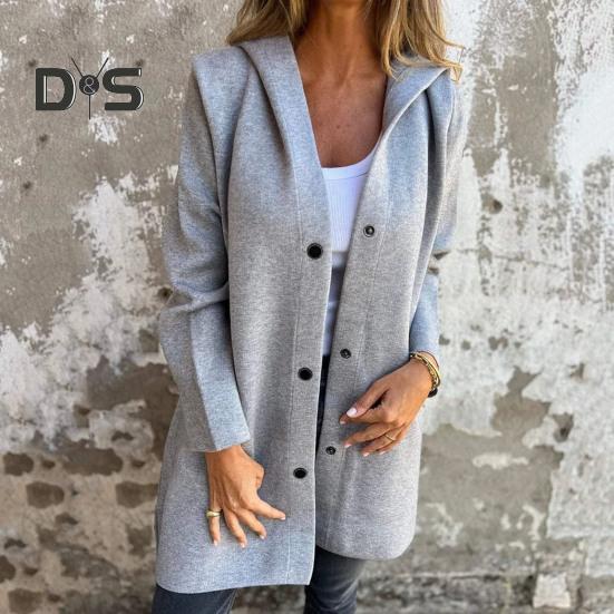 Fall Winter Women Coat Hooded Button-down Solid Color Thick Pockets Loose Cardigan Mid Length Outdoor Travel Shopping Dating Overcoat