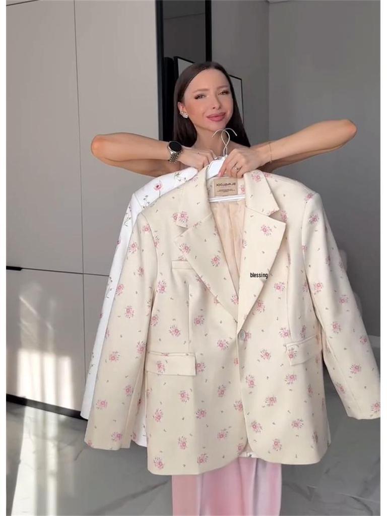 2025 Frühling/Sommer Damen Bedruckter Lockerer Blazer mit Bindegürtel