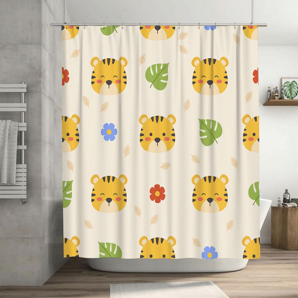 Adorable Animal Print Shower Curtain For Kids Bathrooms Tiger Head Design With Leaves And Flowers In Multicolored Pattern