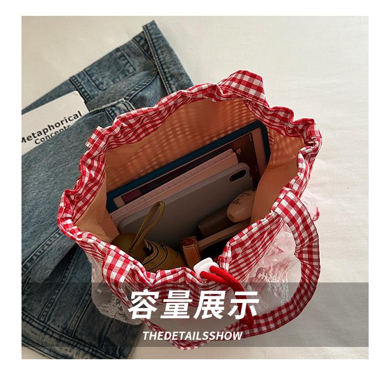 Sweet Plaid Lace Ruffled Drawstring Shoulder Bags for Women Large Capacity Ladies Tote Bag Lightweight Girls Handbags Tote