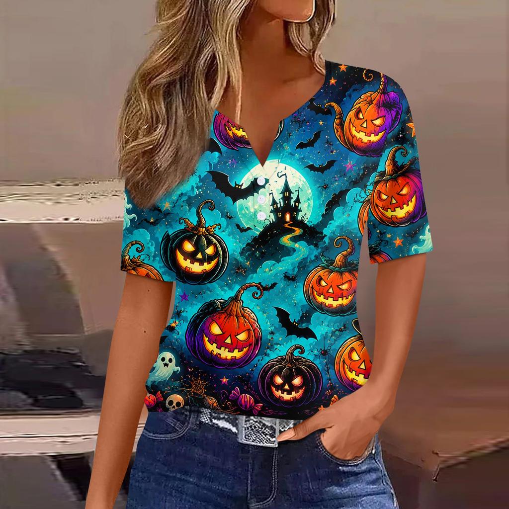 Women's Casual Halloween Print V Neck Short Sleeve Button T Shirt Top Lightweight Comfortable Fit
