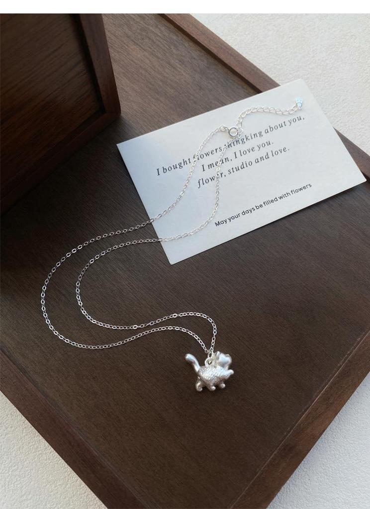 S999 Sterling Silver Cute Cat Necklace for Women - Korean Style 3D Small Cat Pendant on Light Luxury Clavicle Chain