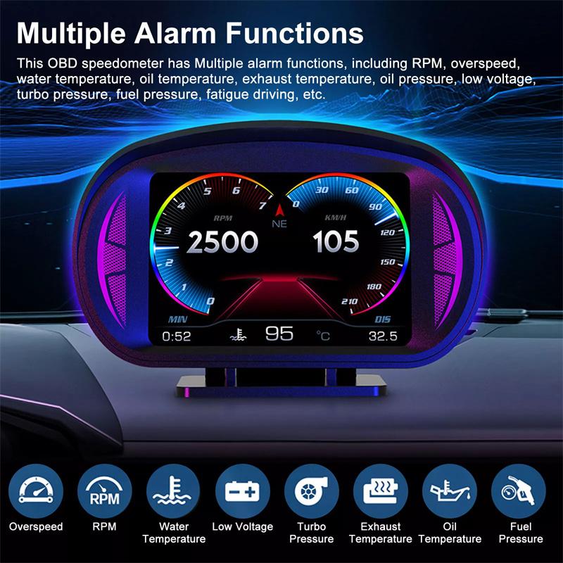 P2 Car Digital Speedometer Obd2 Gps Hud Gauge Auto Display Alarm Water Oil Temperature Turbine Pressure On-Board Computer