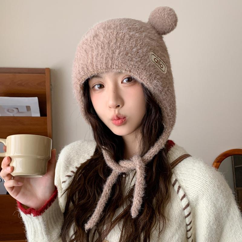 Cute Bear Ear Knitted Plush Hat Autumn and Winter Warm Ear Protection Bag Head Hat Big Head Circumference Casual Windproof Hat Women