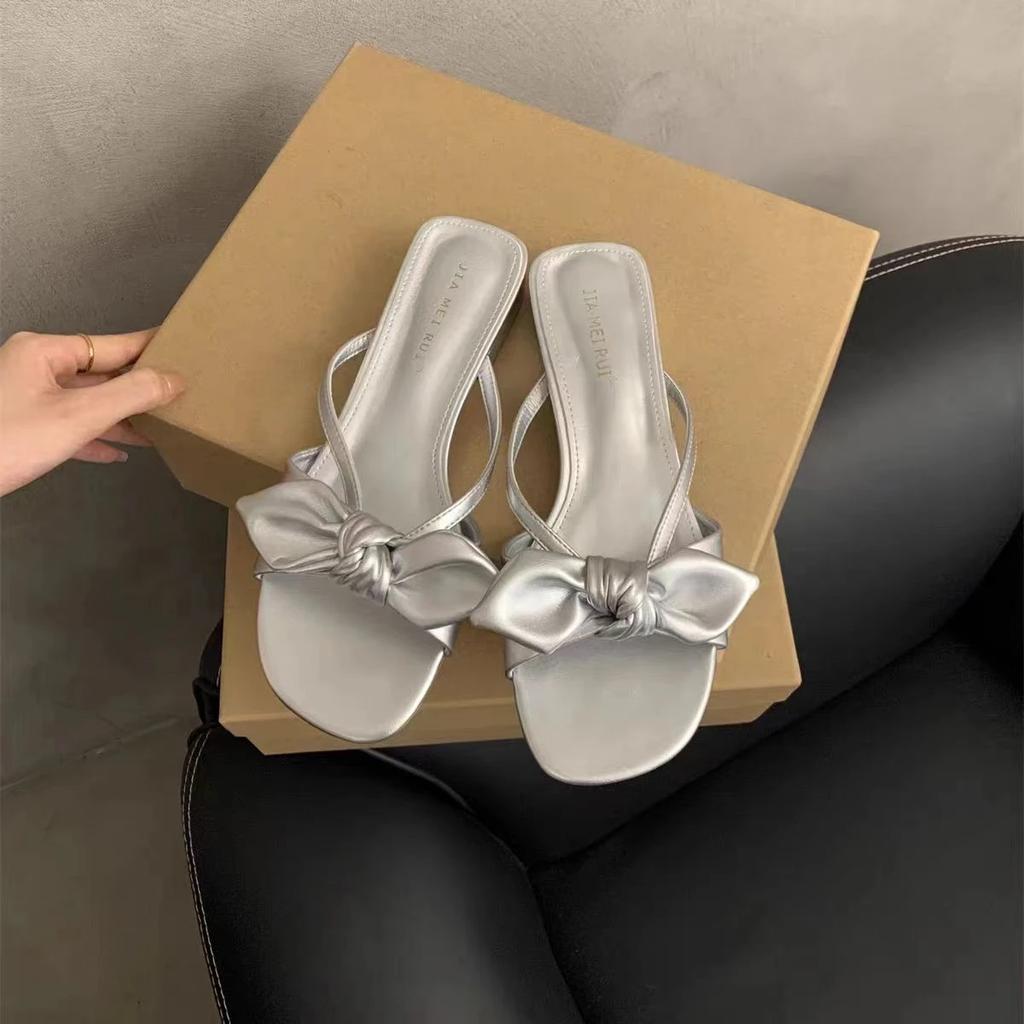 Middle Heel Peep Toe PU Butterfly-knot Shoes for Women 2024 New Modern Slippers Summer Outdoor New Women's Slippers