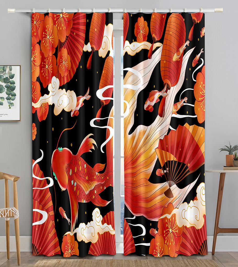 Chinese Tradtional Gold Fish Sea WaveBlackout Window Curtain for Living Room Bedroom Bathroom Kicthen Door Cupboard Decor Hooks