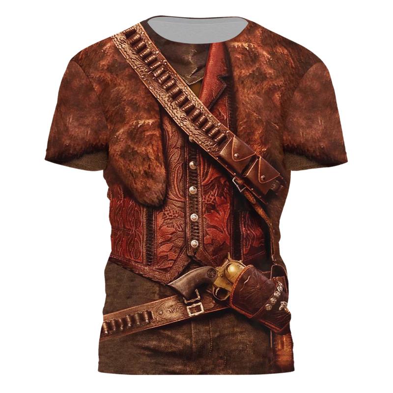 Lustiges Cowboy Cosplay T-Shirt Herren Persönlichkeit Street Kurzarm T-Shirts 3D Gedrucktes Fake Revers Muster Harajuku Mode Tee