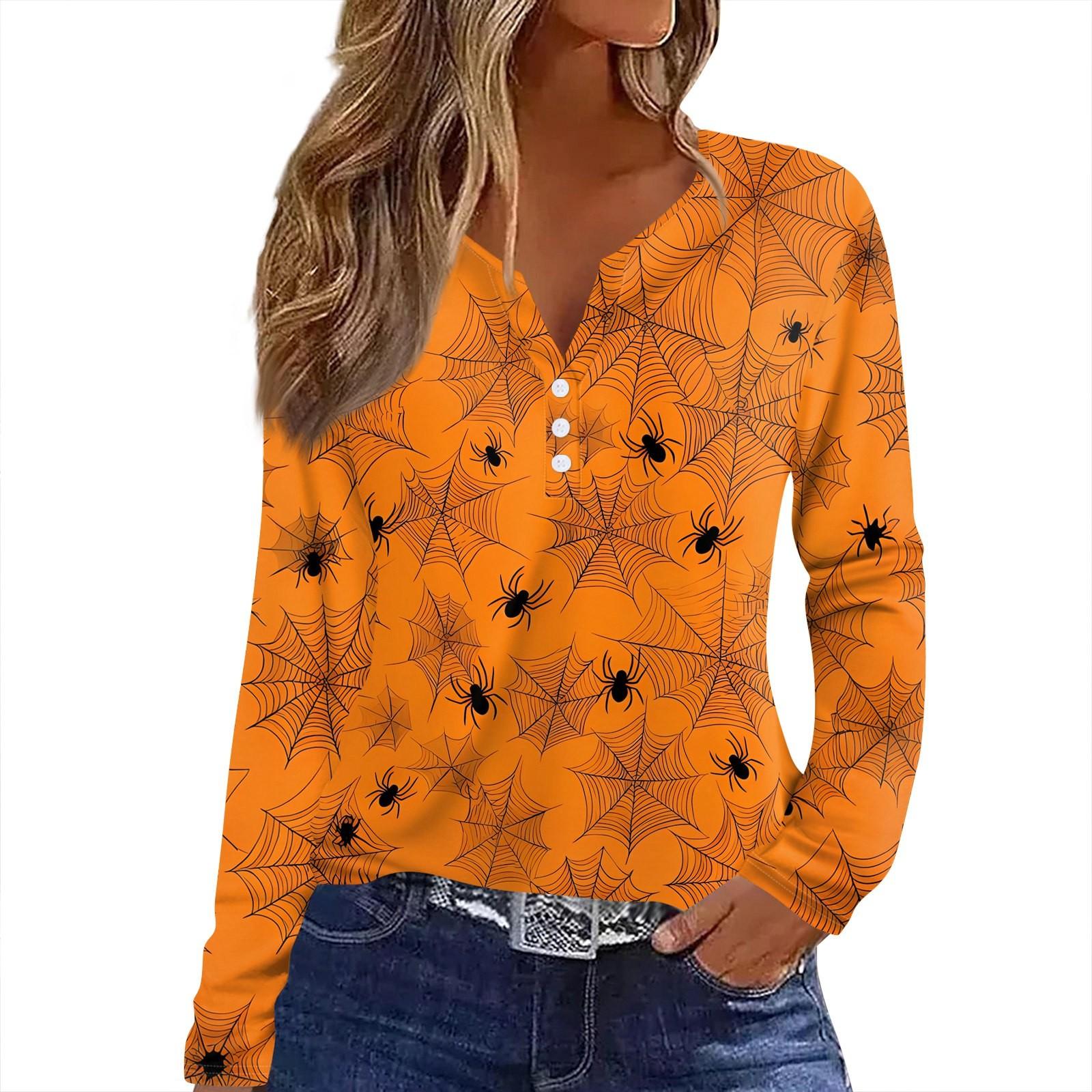 

Женская футболка Футболка Принт Хэллоуин Пуговица Длинный рукав Повседневная Мода на выходные Базовая V-образный вырез Обычный топ L оранжевый
