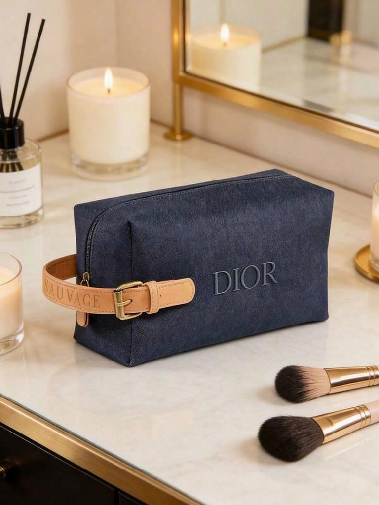 Dior 1 Piece Dark Blue Canvas Makeup Bag Embossed DIOR Logo Leather Strap Zipper Portable Travel Cosmetic Storage Pouch for Men Women