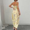 Women Floral Print Bohemian Spaghetti Strap High Slit Beach Holiday Dress Ruched Bodice Flowy Midi Sundress for Summer