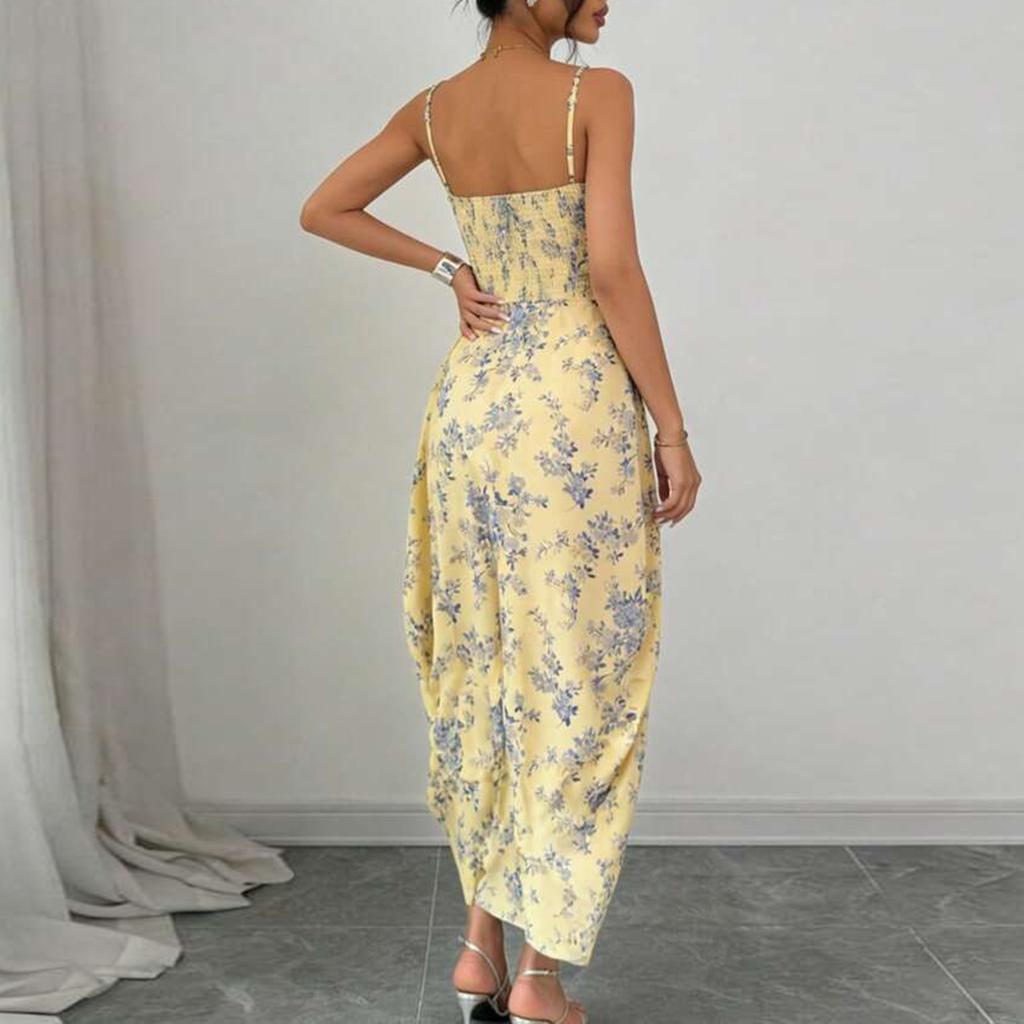 Women Floral Print Bohemian Spaghetti Strap High Slit Beach Holiday Dress Ruched Bodice Flowy Midi Sundress for Summer
