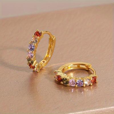 Glänzende Runde Creolen mit Regenbogen-Zirkonia für Damen, Klassischer Party-Schmuck in Goldfarbe, Geschenk