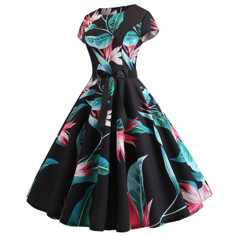 Source Summer Retro Women's Clothing Round Neck Cover Sleeve Printed Pendulum Dress Black Ribbon Waist