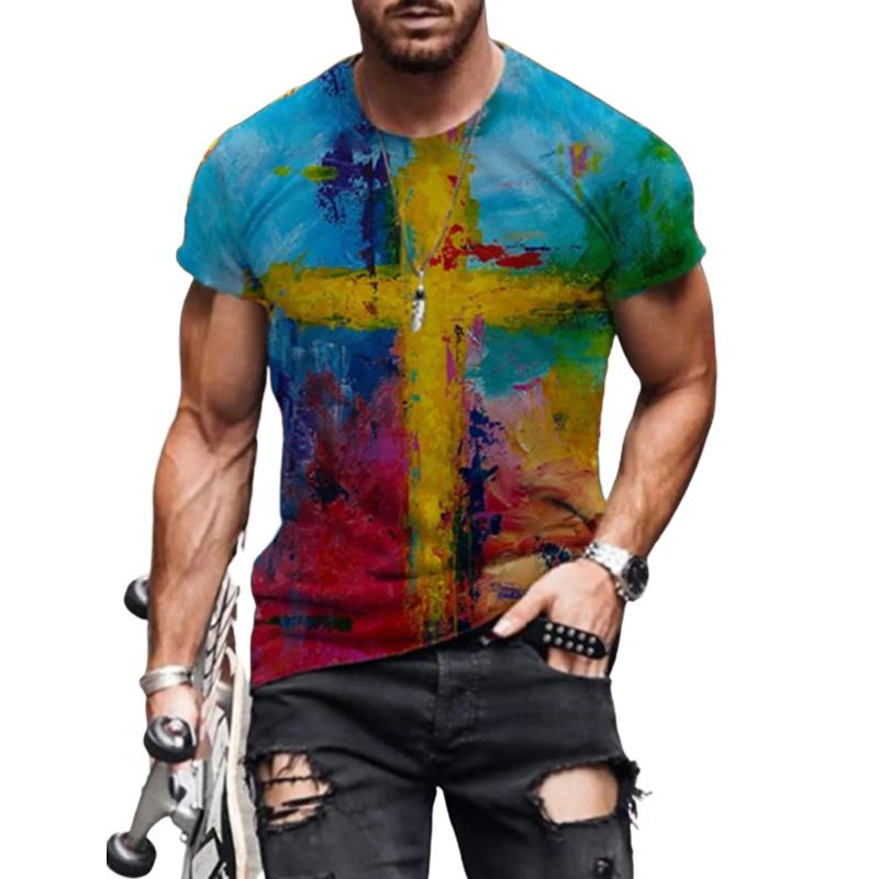 Nové letní pánské módní tričko Osobnost Vícebarevné pánské tričko s křížovým potiskem