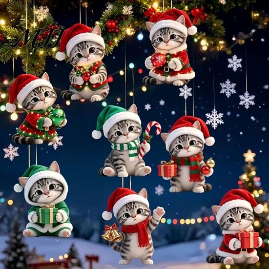 Cute Kitten Xmas Decor Christmas Ornament for Tree Hanging, 2D Flat Wooden Festive Gift Tags Decorative Pendant with Lanyard Home Holiday Party
