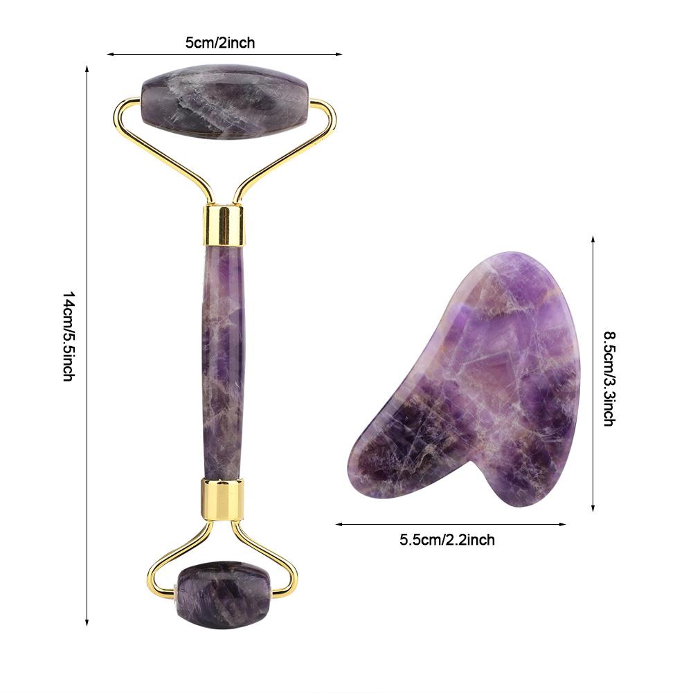 Natural Amethyst Double Head Jade Stone Roller & Guasha Scrapping Plate Face Massage Tool Kit