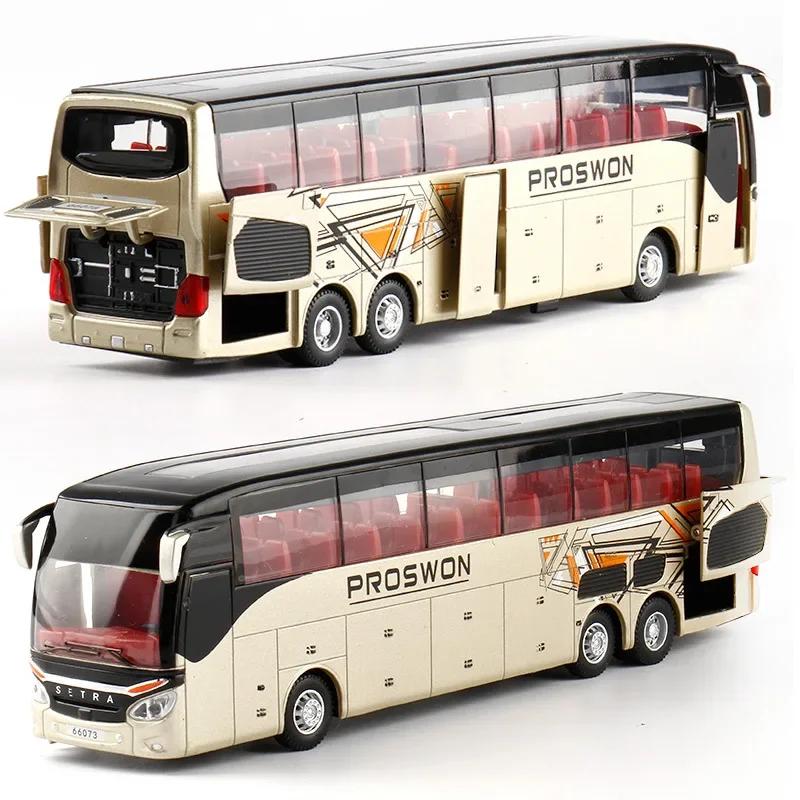1:32 High Quality Alloy Double Deck Bus Sound Light Metal Diecast Pull Back Simulation Luxury Sightseeing Bus Vehicle Kids Toys