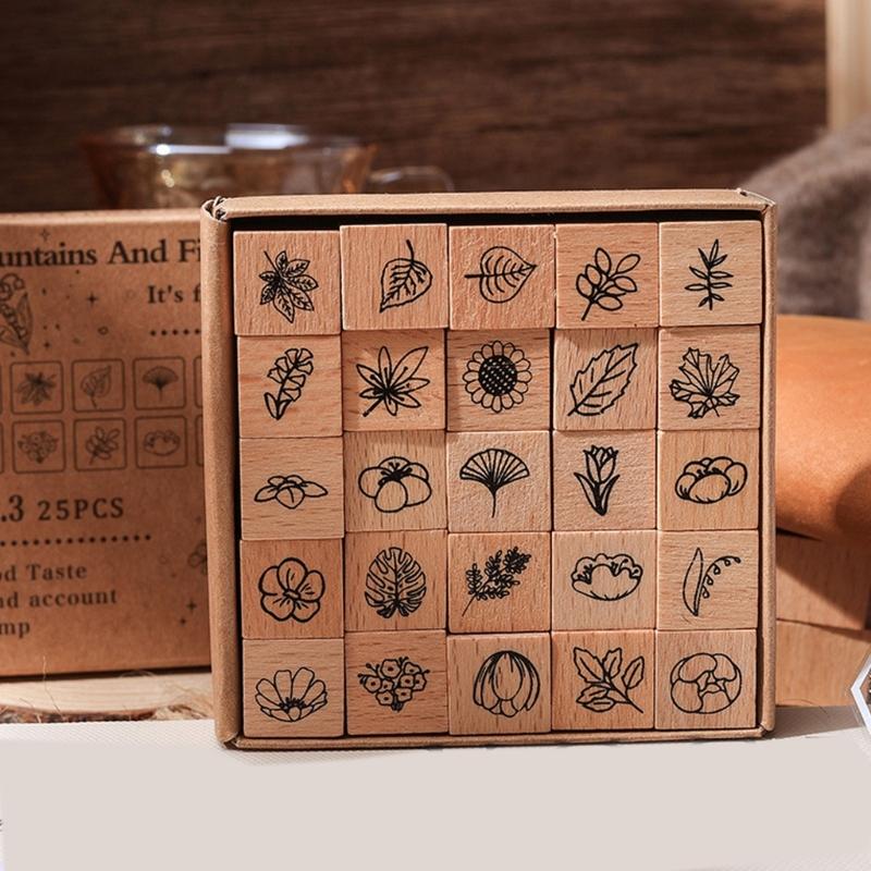25Pcs Vintage Wood Stamp Flower Butterfly Themed Stamp for Scrapbooking Card Making Journal Photo Album and Packaging