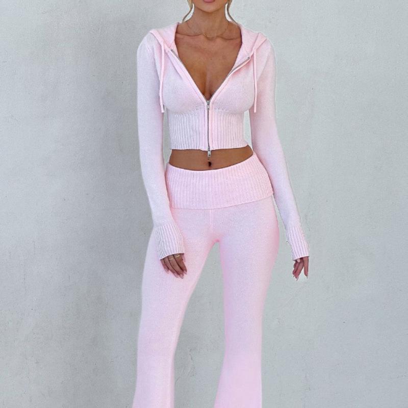 

Женский осенний облегающий короткий топ с капюшоном и комплект повседневных брюк - европейский и американский стиль Large розовый