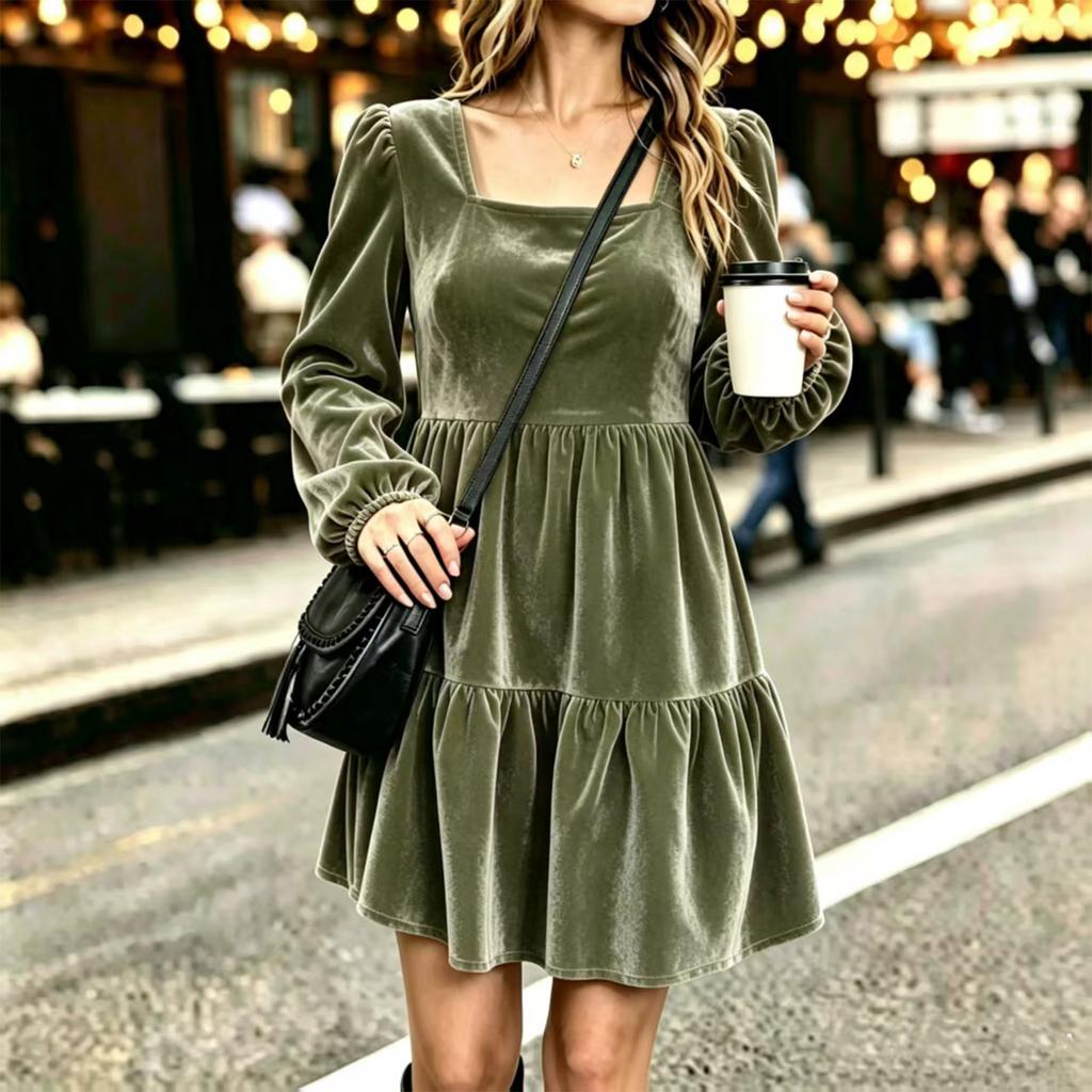 Women's Velvet Long Sleeve Square Neck Dress, Vintage Elegant for Fall and Winter