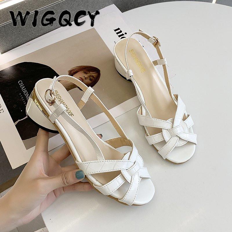 

Summer Sandals Women Middle Heel Peep Toe Leather Holiday Fashion Shoes Woman Comfort Casual Buckle Strap Square Heel Sandals
