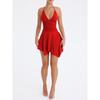 Womens Deep V-Neck Halter Backless Wrap Tie Dress With Ruched Detail Asymmetrical Hem