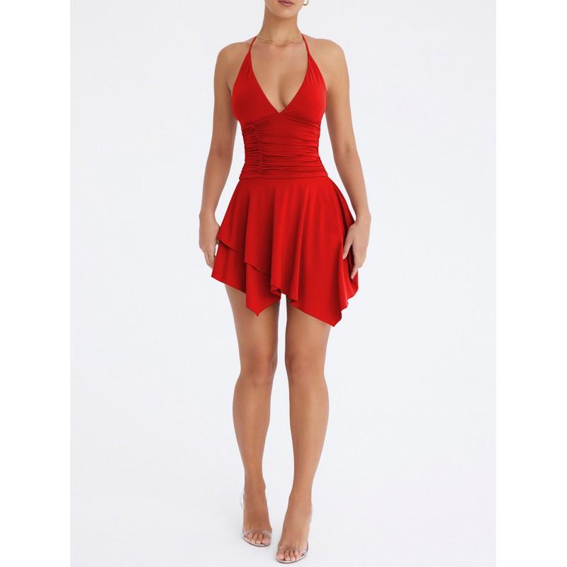Womens Deep V-Neck Halter Backless Wrap Tie Dress With Ruched Detail Asymmetrical Hem