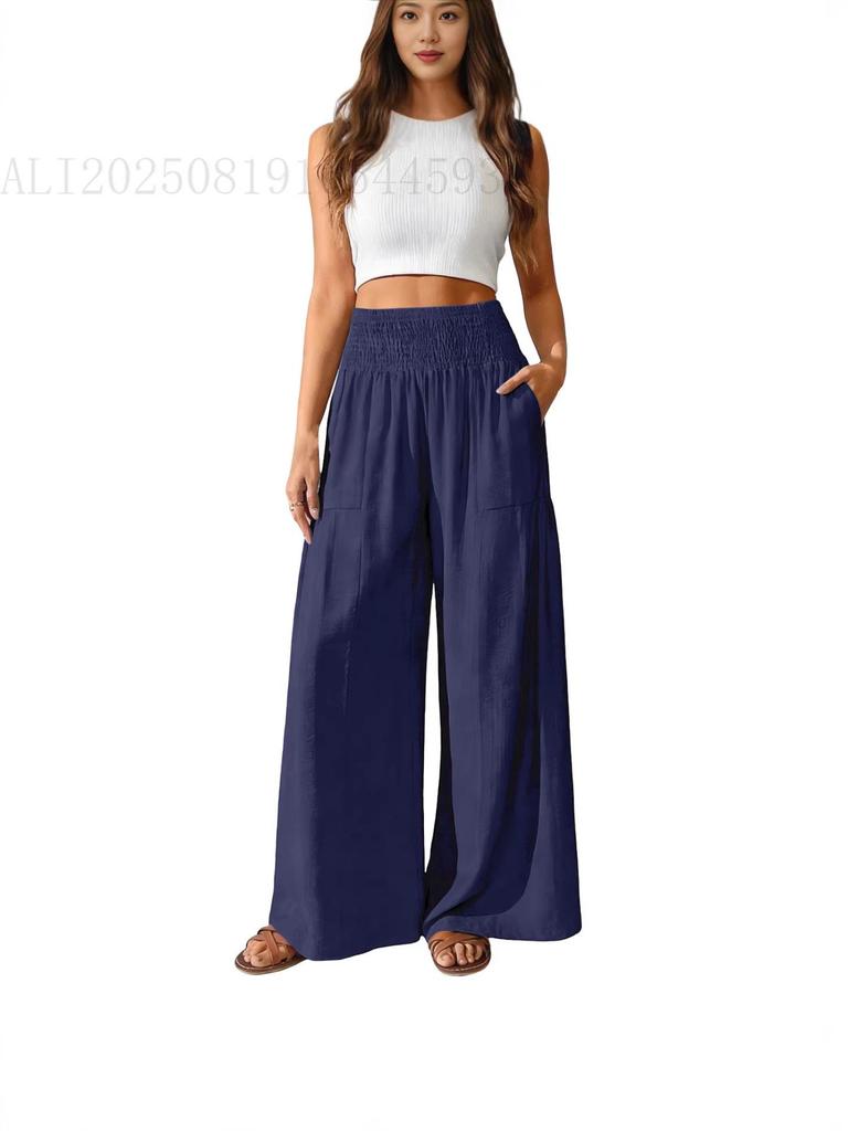 European and American Fashion Casual Women's High-Waisted Wide-Leg Pants with Pockets